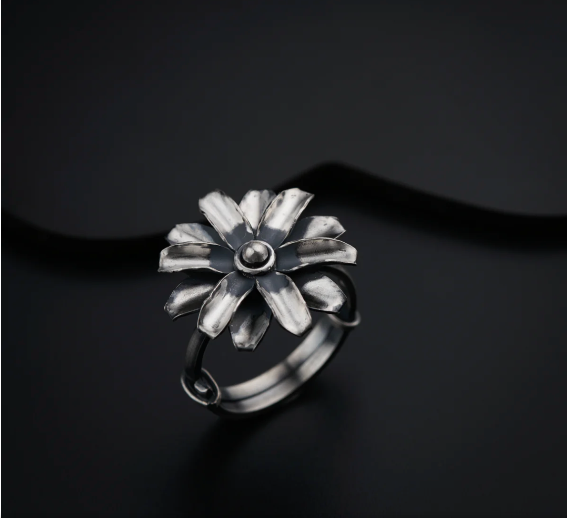 Silver Sunflower Positivity Charm Ring