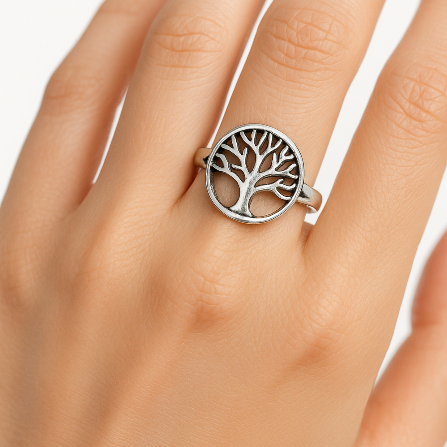 Silver Tree of Life in Circle | Growth Charm Ring (Adjustable)